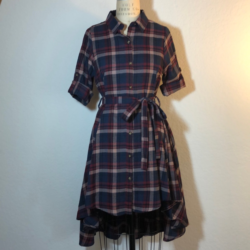 Active USA Plaid Flannel High Low Shirtdress, Size Medium